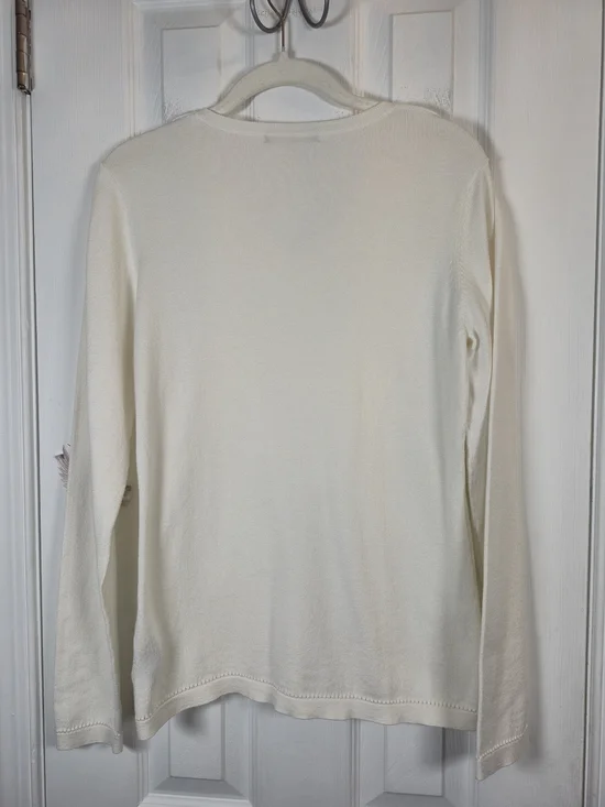Caroline Grace Ivory Cotton Cashmere V-Neck Pointelle Trim Sweater M - Picture 4 of 6